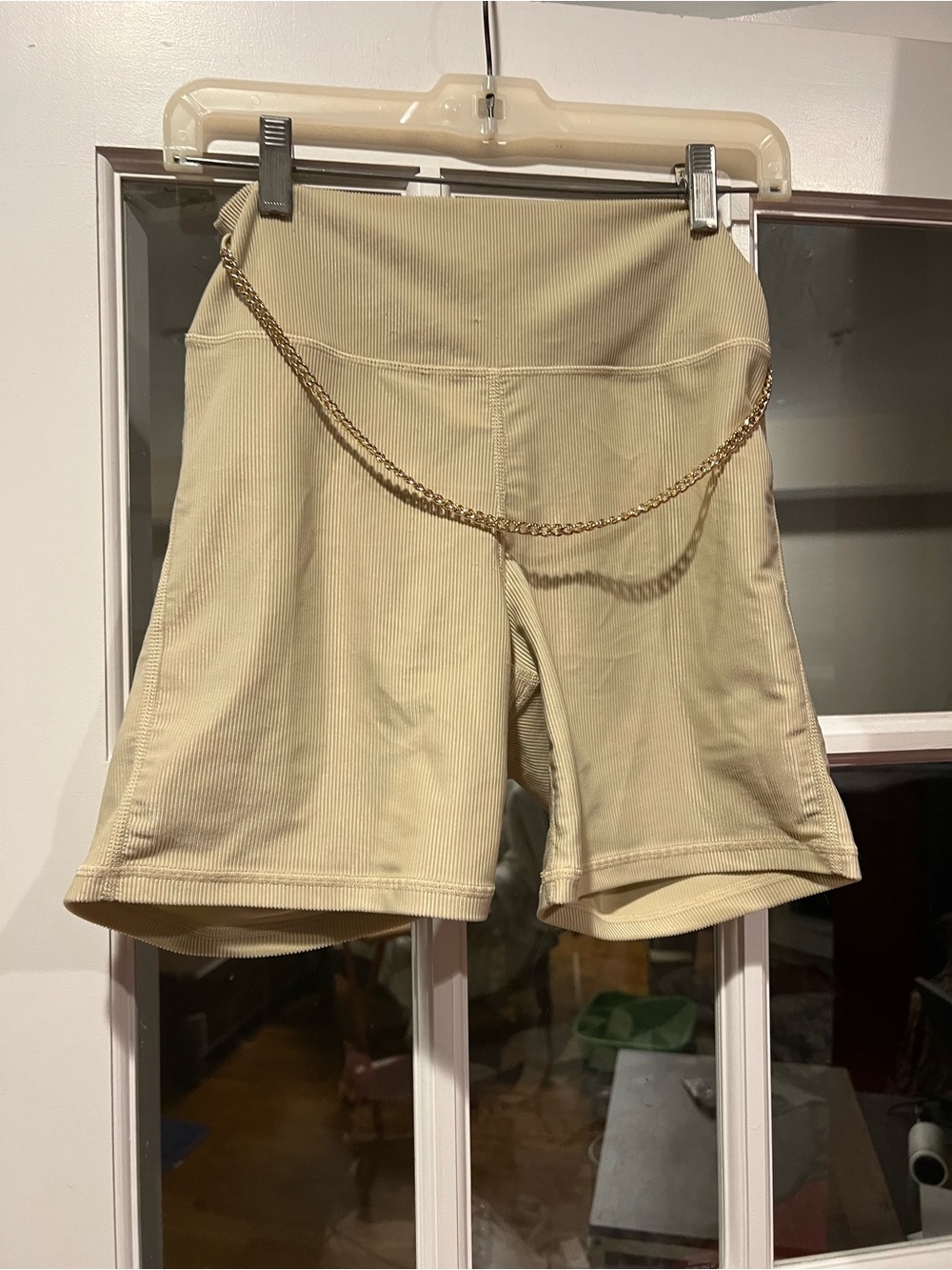 WeWoreWhat Beige Ribbed High-Rise Bike Shorts with Gold Chain Accent